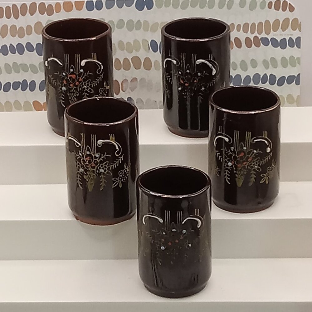 Traditional Japanese MORIAGE Painted Redware Tea 5 CUPS Shot Sake Glasses Vtg